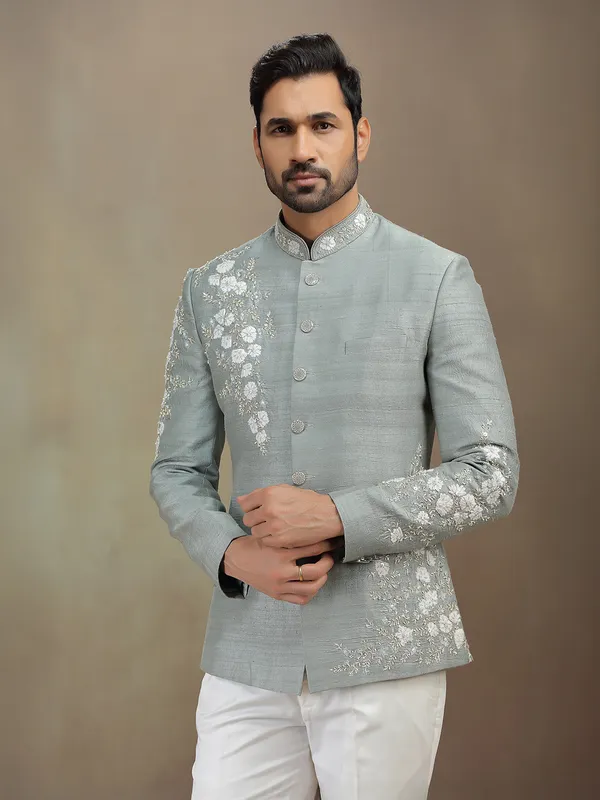 Grey raw silk wedding wear jodhpuri suit for men