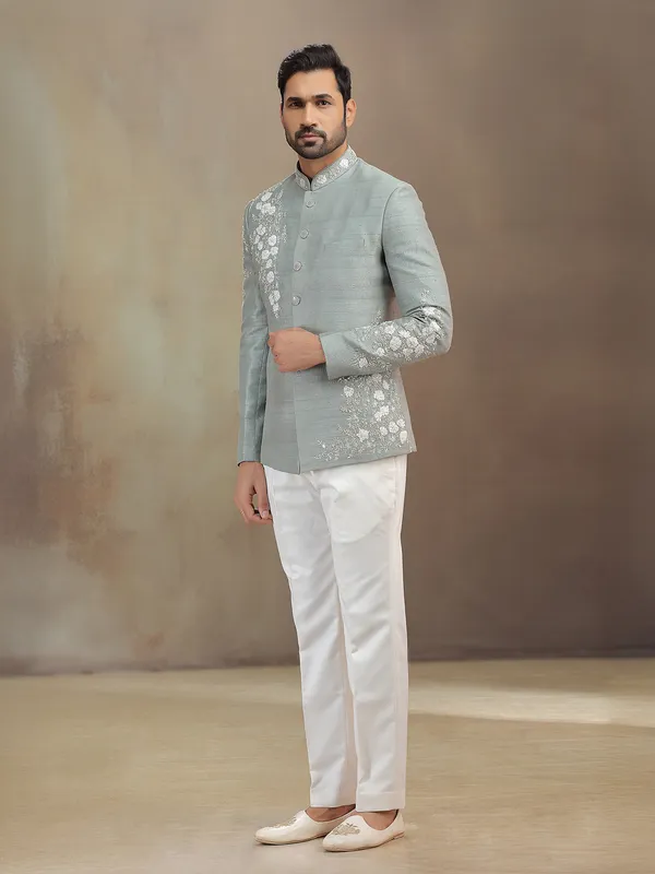 Grey raw silk wedding wear jodhpuri suit for men