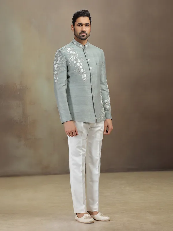 Grey raw silk wedding wear jodhpuri suit for men