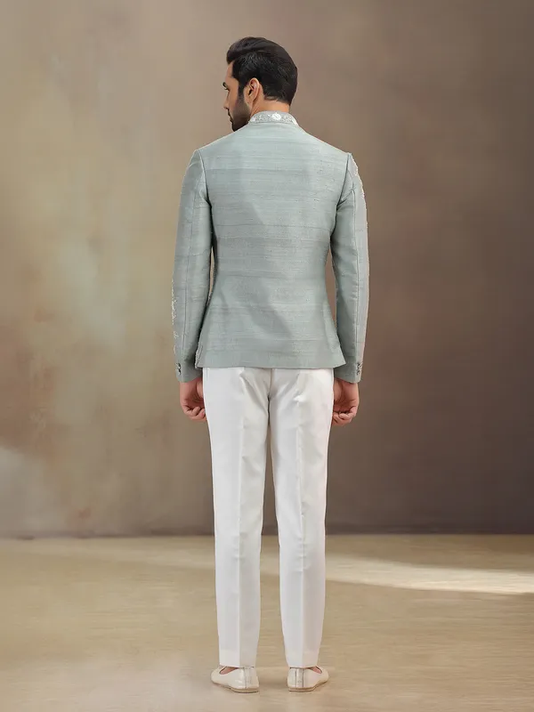 Grey raw silk wedding wear jodhpuri suit for men