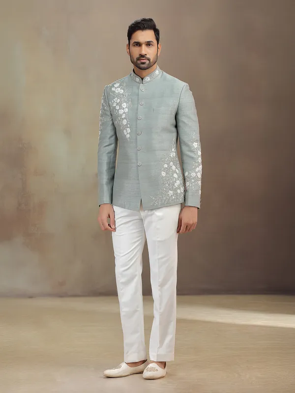 Grey raw silk wedding wear jodhpuri suit for men