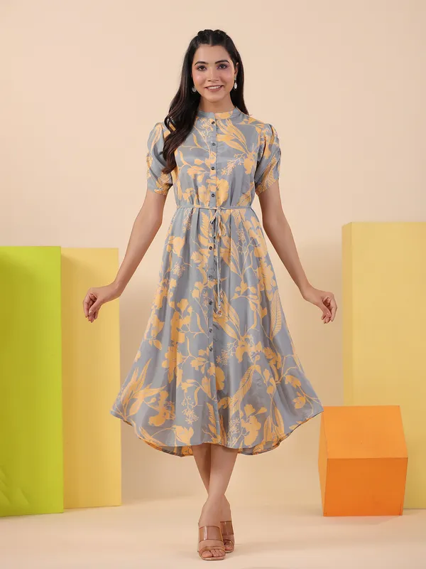 Grey rayon cotton printed long kurti