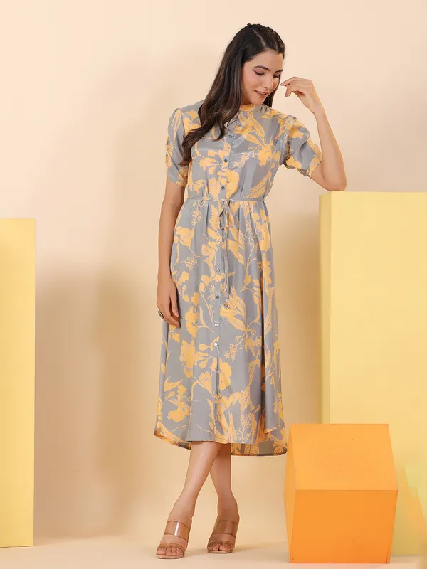 Grey rayon cotton printed long kurti