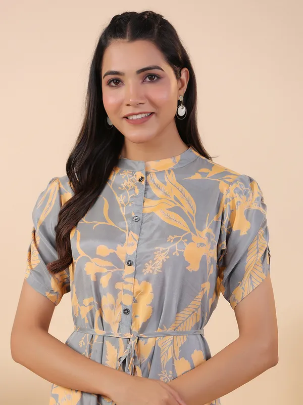 Grey rayon cotton printed long kurti