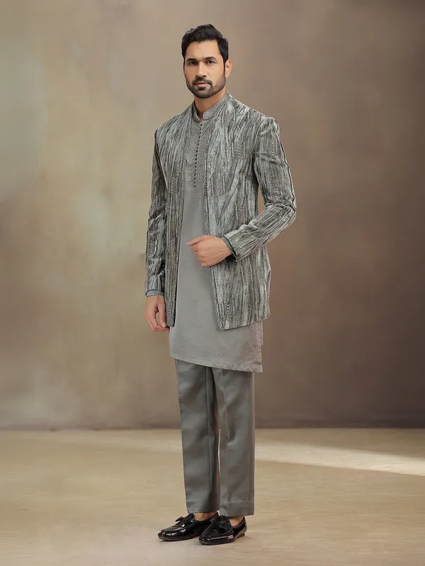 Grey reception wear velvet indowestern set