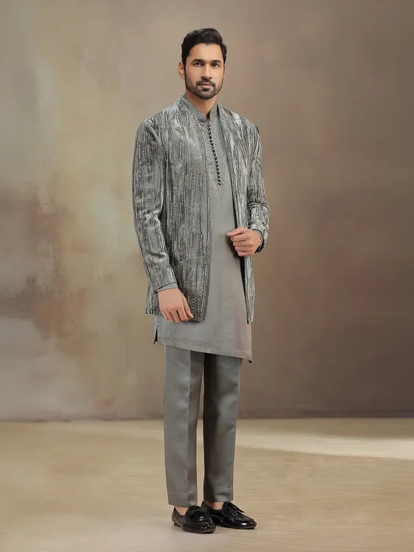 Grey reception wear velvet indowestern set