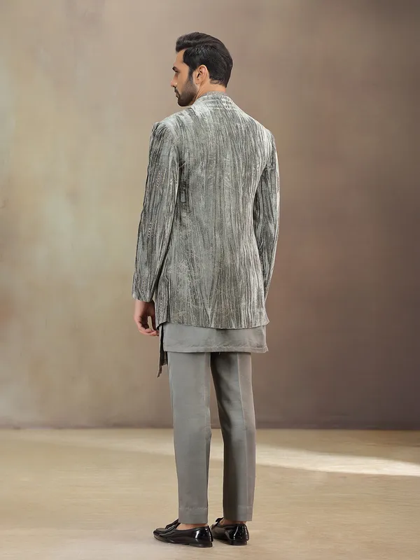 Grey reception wear velvet indowestern set