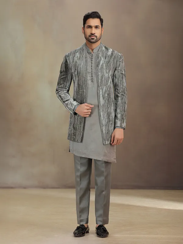 Grey reception wear velvet indowestern set