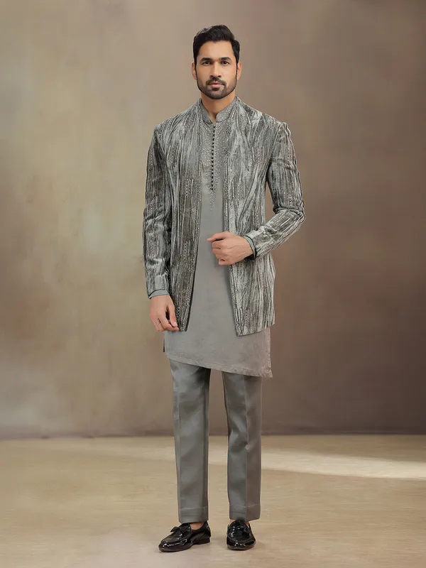 Grey reception wear velvet indowestern set