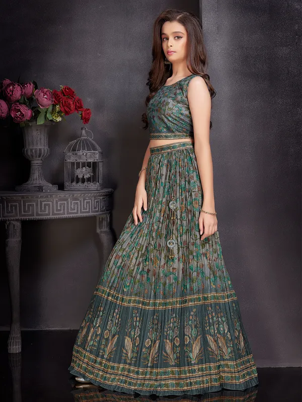 Grey round neck lehenga choli in silk