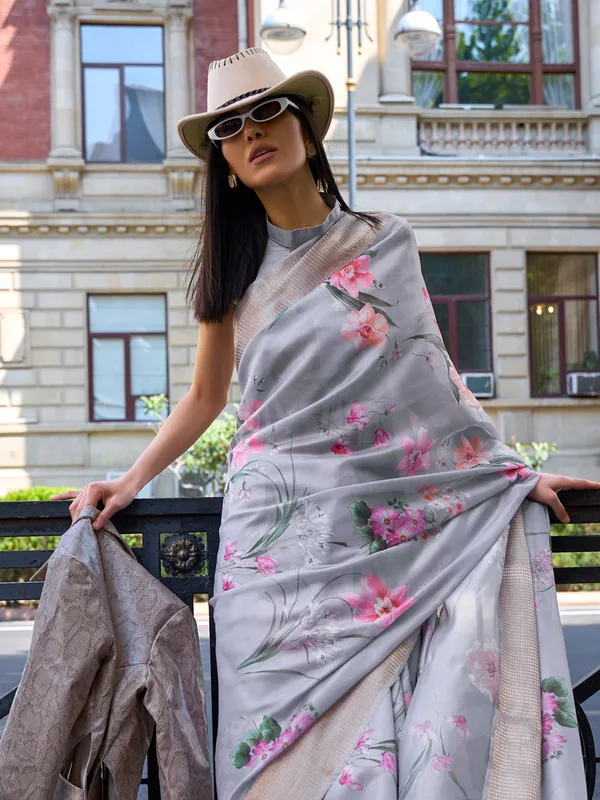 Grey satin organza printed saree