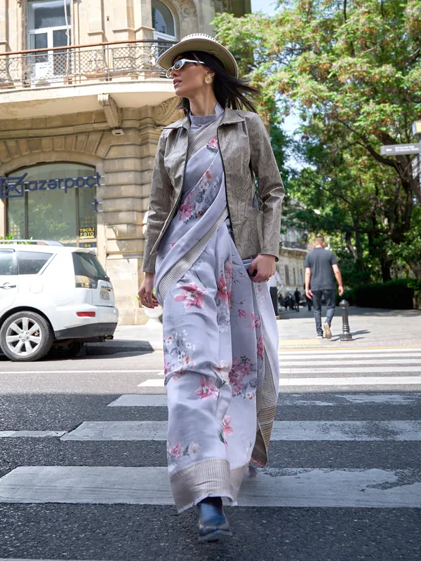 Grey satin organza printed saree