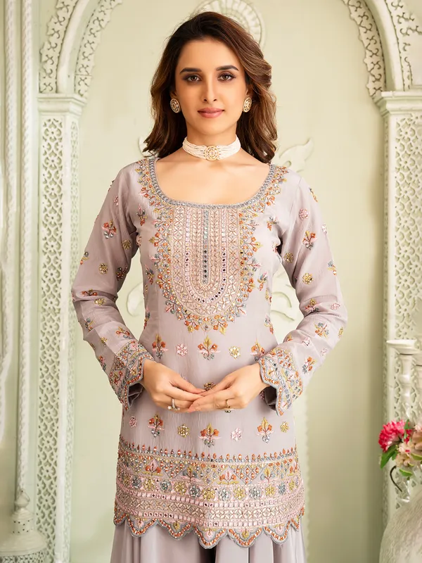 Grey satin silk pakistani palazzo suit with full sleeves