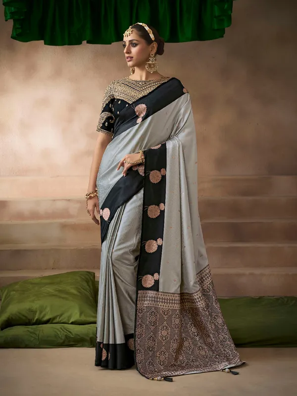 Grey satin silk saree with sophisticated accents