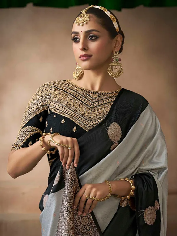 Grey satin silk saree with sophisticated accents