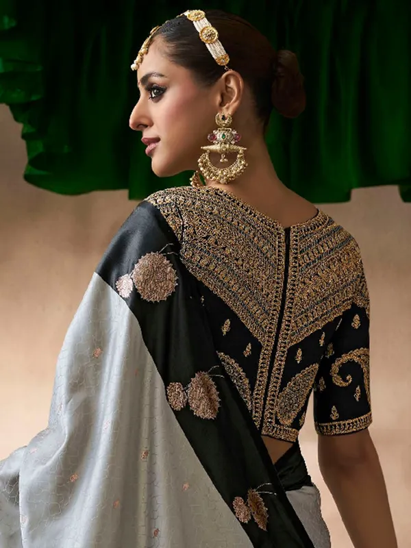 Grey satin silk saree with sophisticated accents