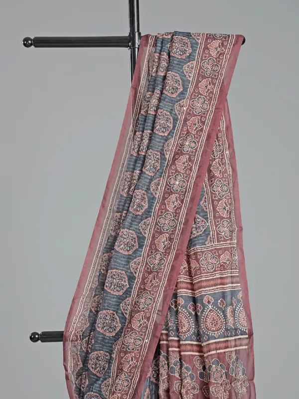 Grey semi cotton festive wear saree with print