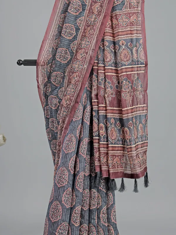 Grey semi cotton festive wear saree with print