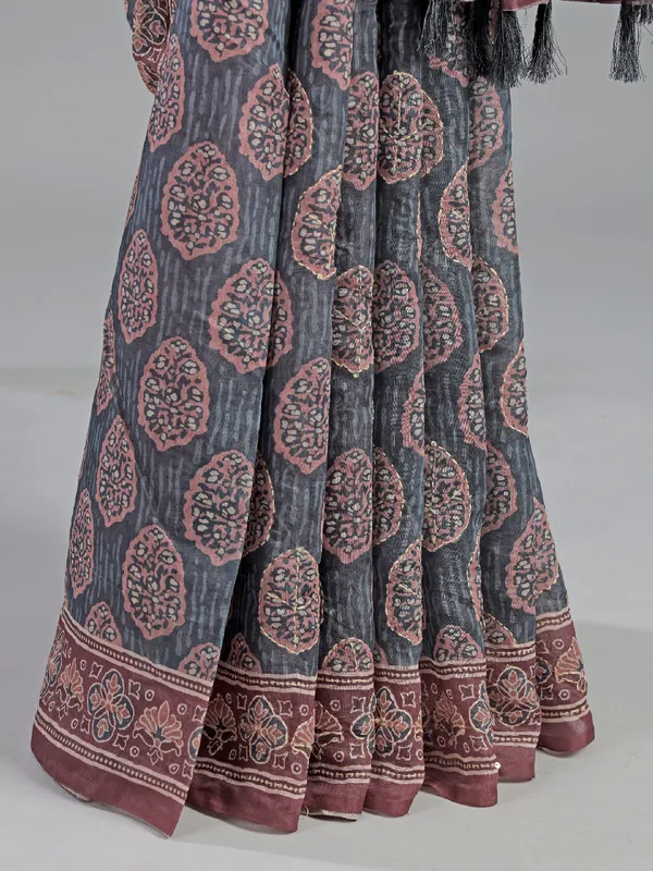 Grey semi cotton festive wear saree with print