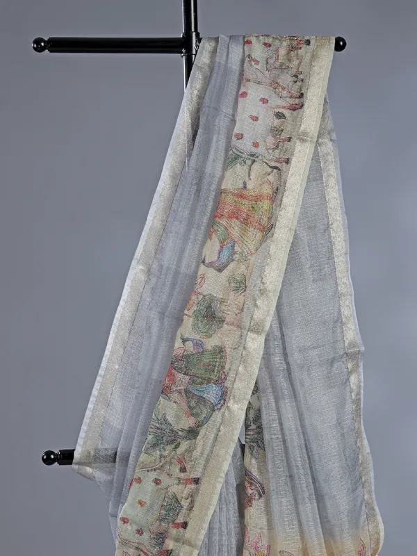 Grey semi cotton saree with zari weaving for women