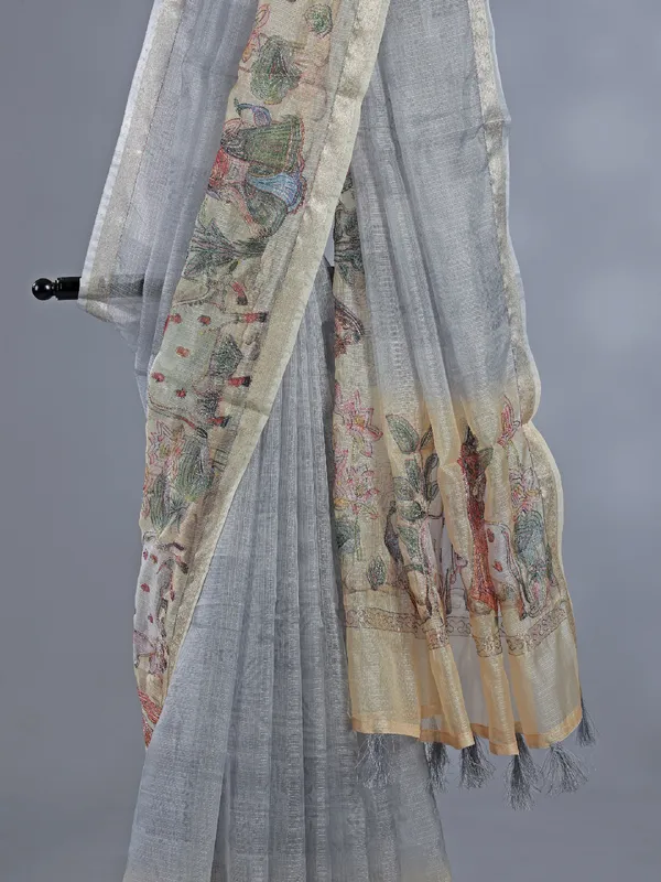 Grey semi cotton saree with zari weaving for women