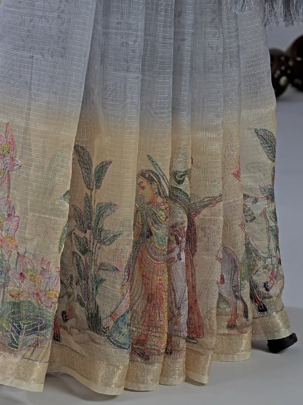 Grey semi cotton saree with zari weaving for women