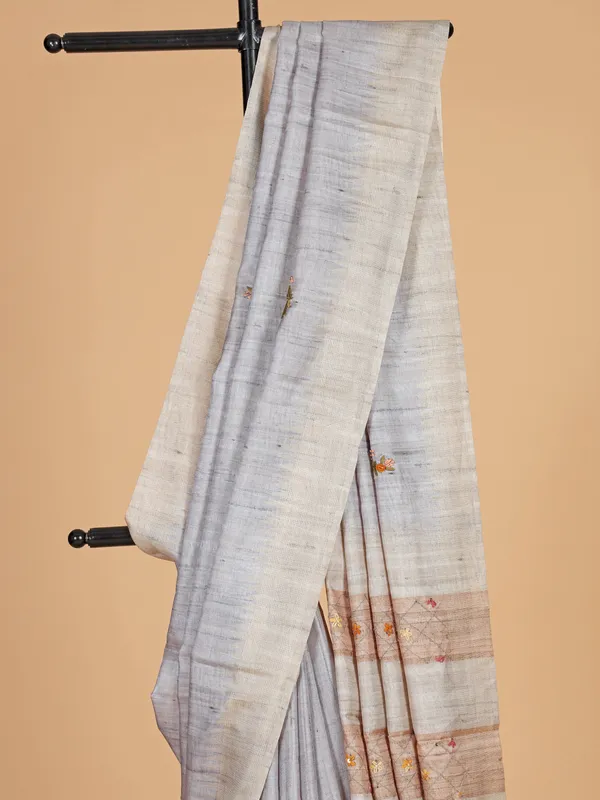 Grey semi cotton silk printed saree for festive