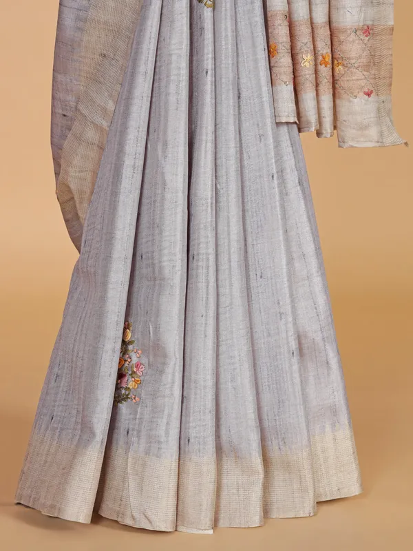 Grey semi cotton silk printed saree for festive