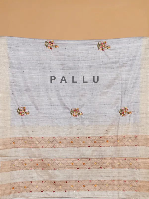 Grey semi cotton silk printed saree for festive