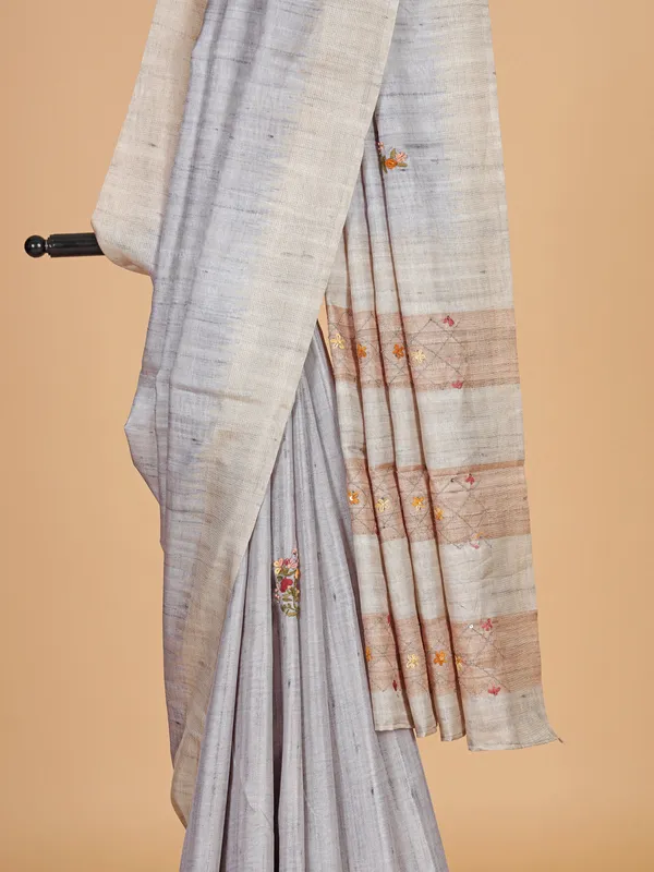 Grey semi cotton silk printed saree for festive