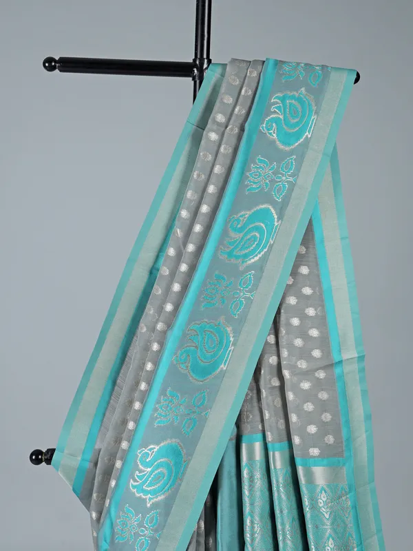 Grey semi cotton silk saree for women festive wear