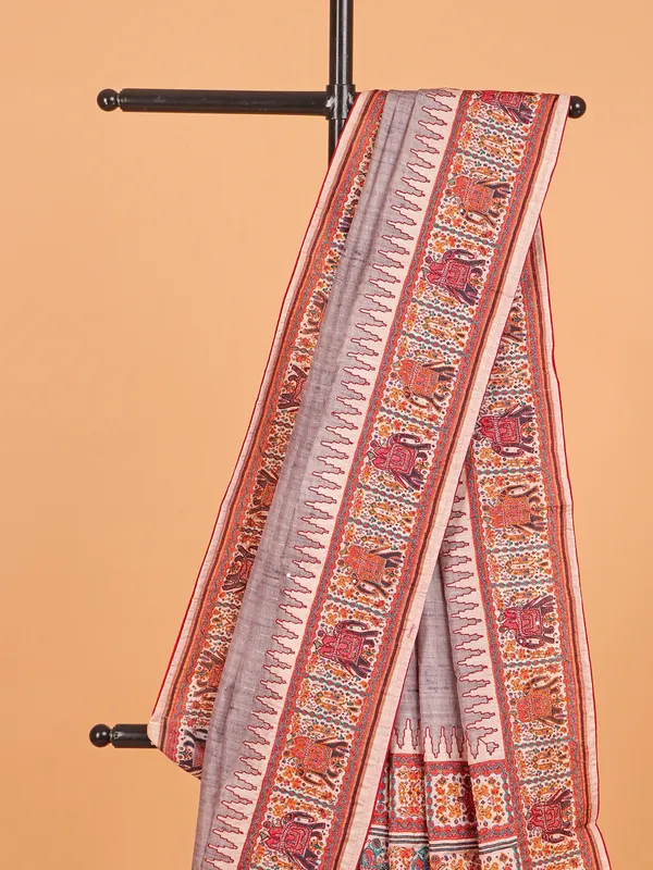 Grey semi printed silk saree for women