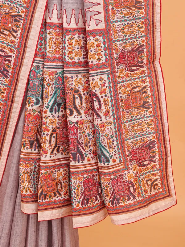 Grey semi printed silk saree for women