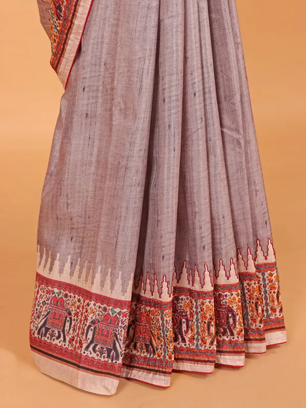 Grey semi printed silk saree for women