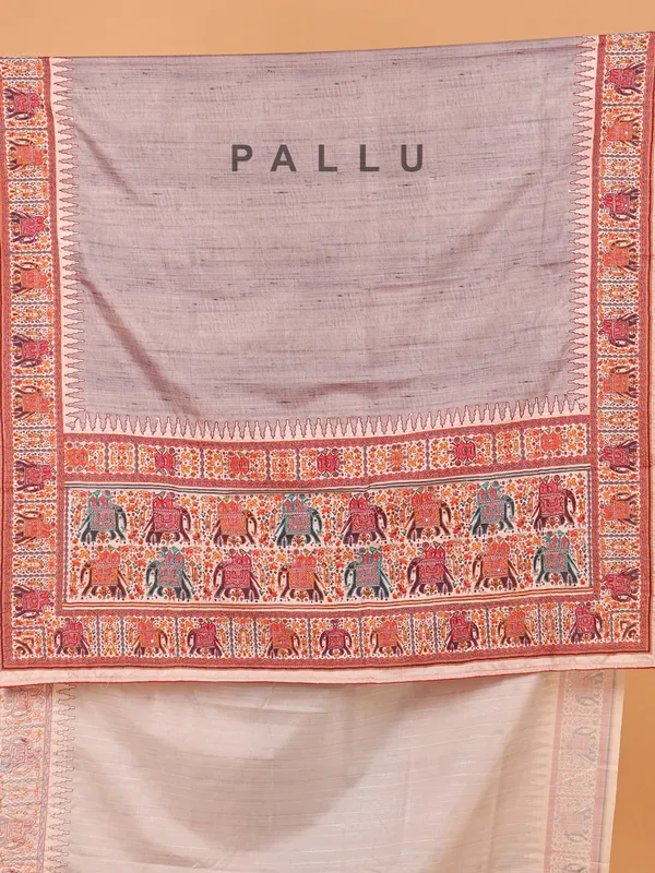 Grey semi printed silk saree for women