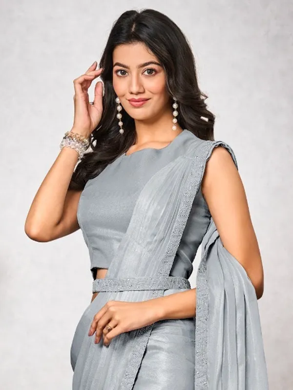 Grey shimmer georgette ready to wear saree
