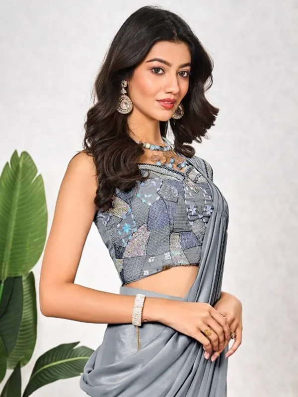 Grey shimmer georgette saree for women