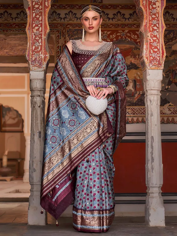 Grey silk ajrakh printed saree