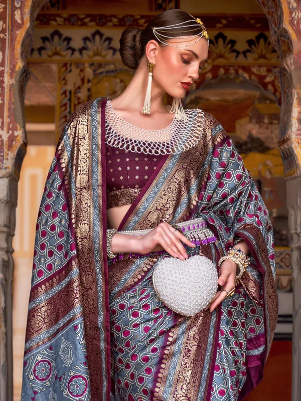 Grey silk ajrakh printed saree