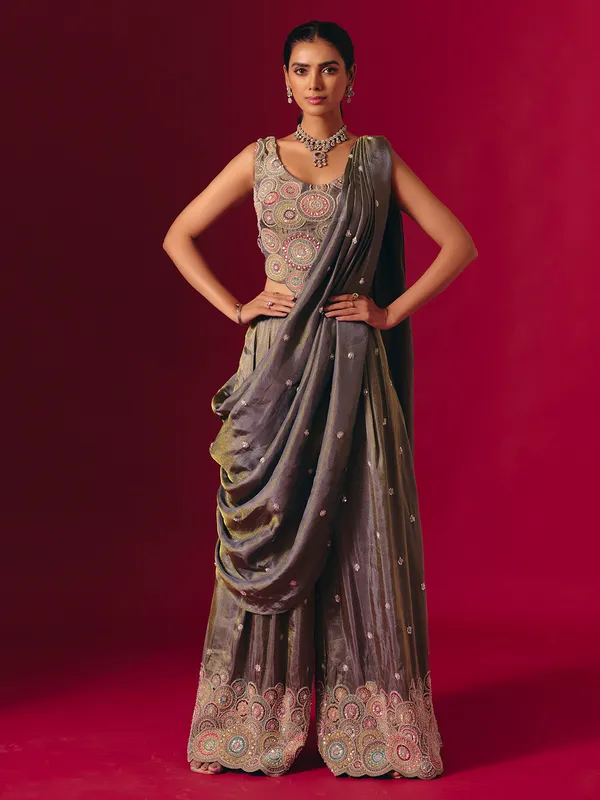 Grey silk designer sequinned palazzo suit for receptions