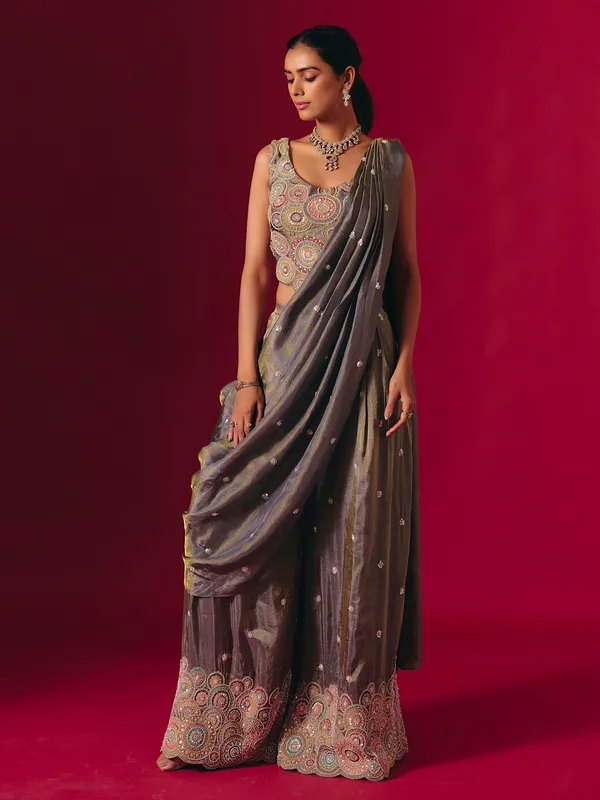 Grey silk designer sequinned palazzo suit for receptions