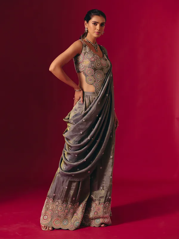 Grey silk designer sequinned palazzo suit for receptions