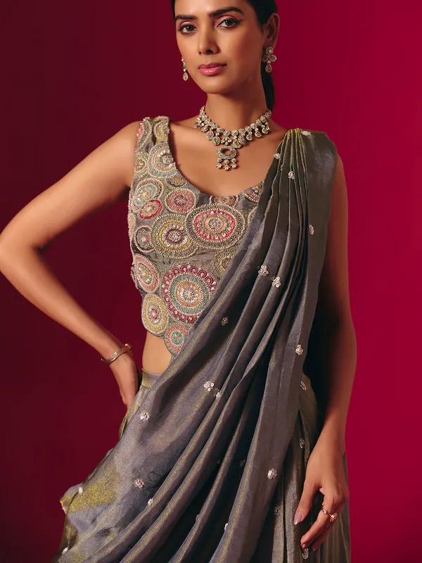 Grey silk designer sequinned palazzo suit for receptions