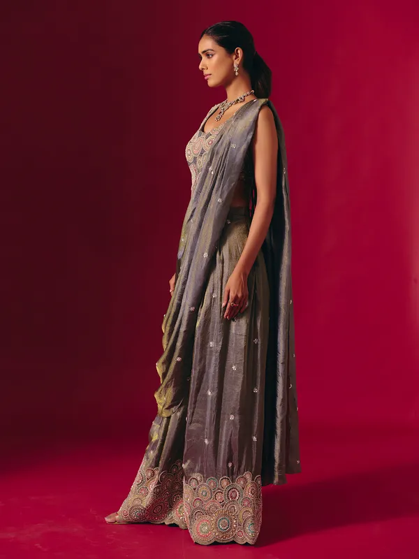 Grey silk designer sequinned palazzo suit for receptions