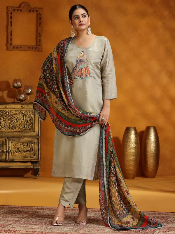 Grey silk festive wear salwar suit with printed dupatta