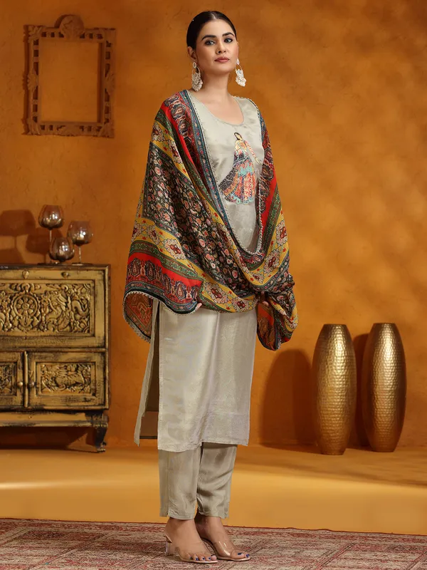 Grey silk festive wear salwar suit with printed dupatta
