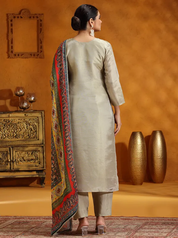 Grey silk festive wear salwar suit with printed dupatta