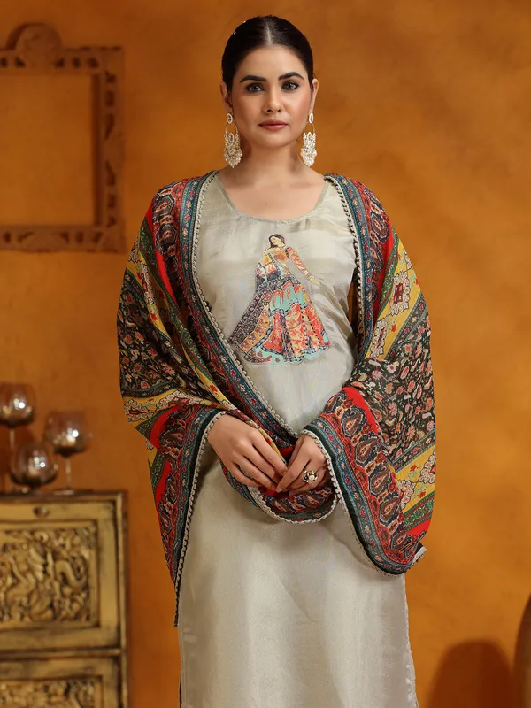 Grey silk festive wear salwar suit with printed dupatta