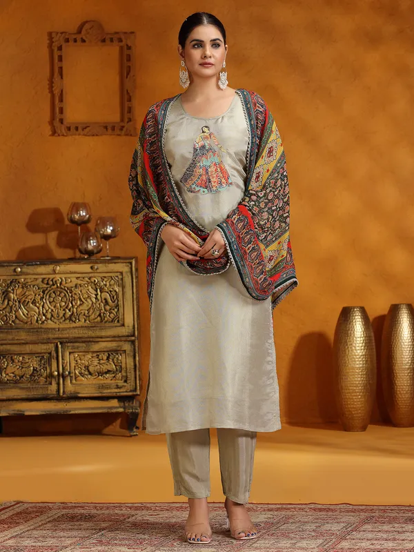 Grey silk festive wear salwar suit with printed dupatta