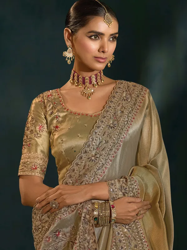 Grey silk festive wear saree with zardosi detailing